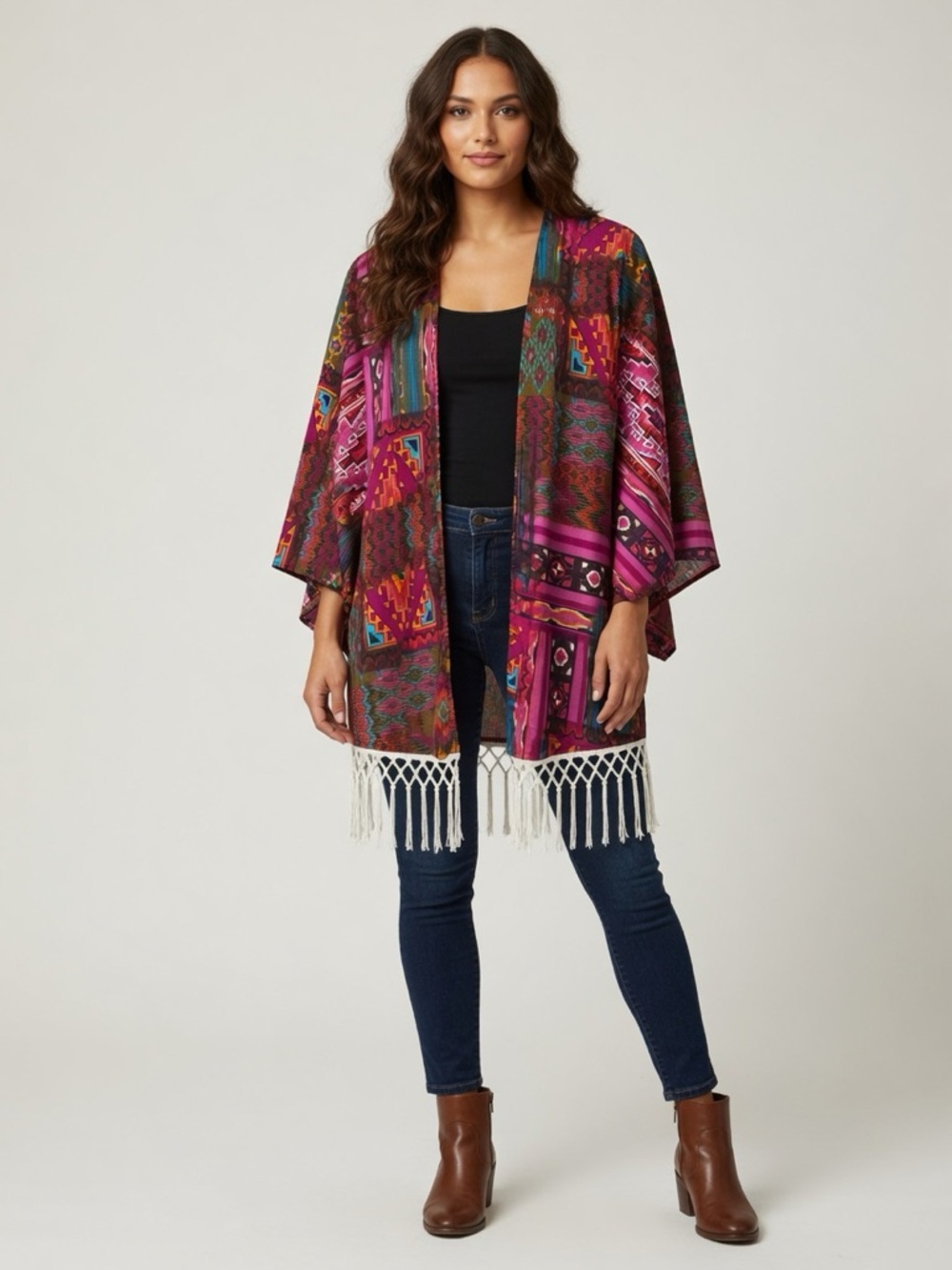 New Directions Pink Multi color Fringe Open-Front Kimono